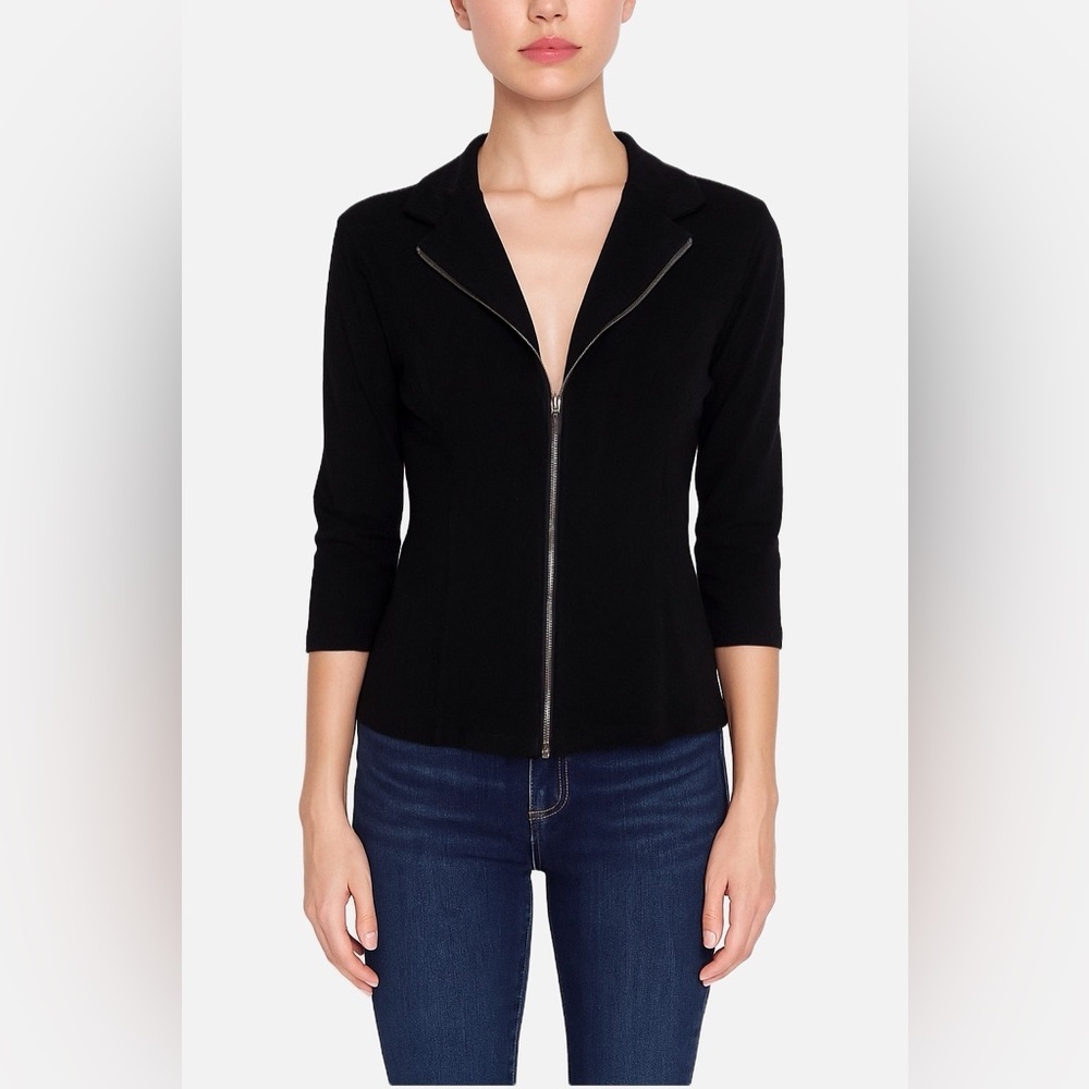 Evan-Picone ‎ Blazer Jacket Zip Front Large Black 3/4 Sleeves Formal Slinky